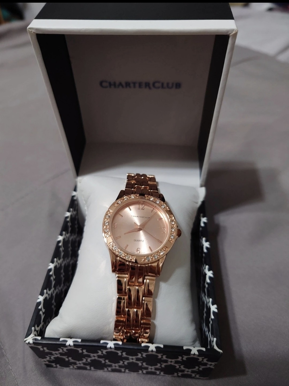 Charter Club Women's Rose Gold Crystal Bezel, Link Chain Bracelet Watch